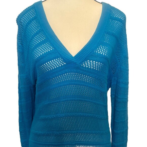 Women’s Michael Kors BLUE Coastal Lightweight Knit V Neck Tunic Sweater Sz M - Picture 2 of 7